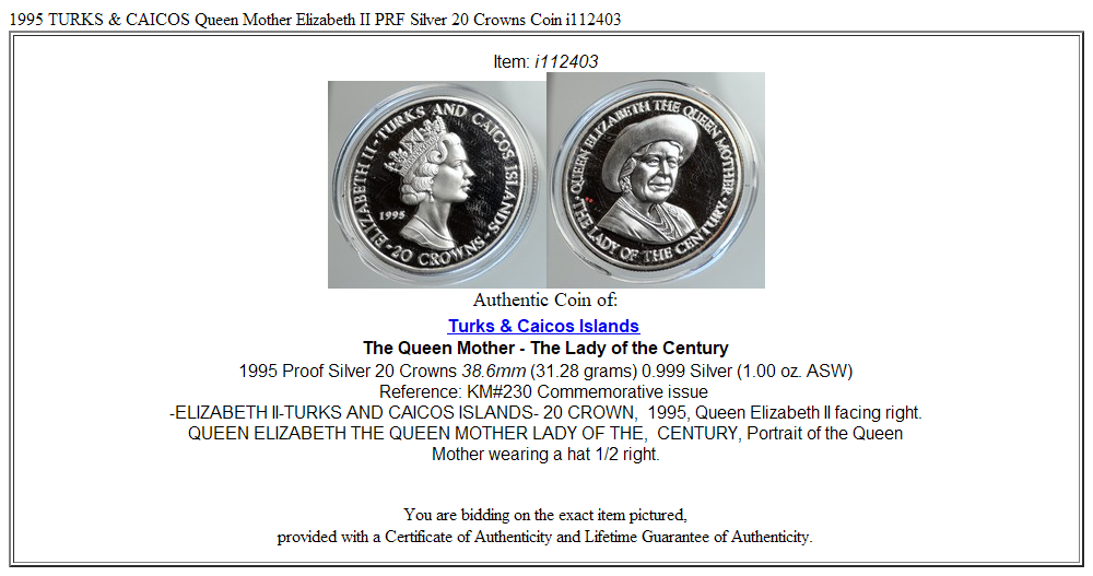 1995 TURKS & CAICOS Queen Mother Elizabeth II PRF Silver 20 Crowns Coin i112403