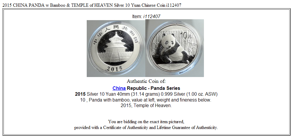 2015 CHINA PANDA w Bamboo & TEMPLE of HEAVEN Silver 10 Yuan Chinese Coin i112407