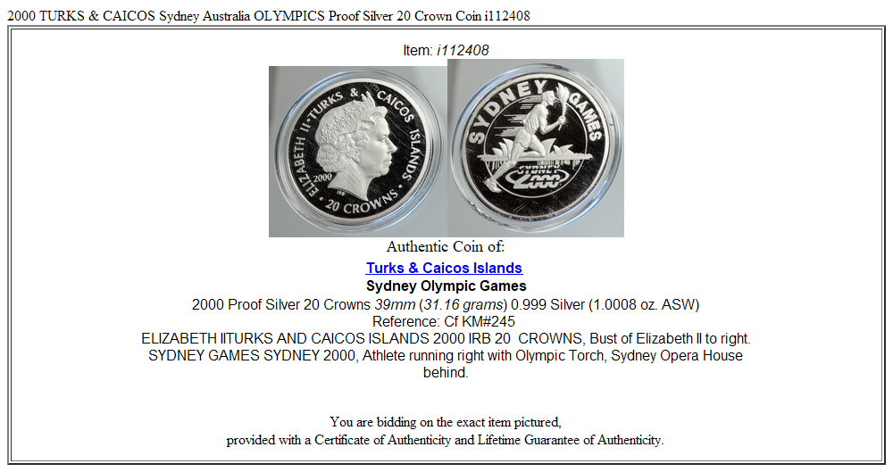 2000 TURKS & CAICOS Sydney Australia OLYMPICS Proof Silver 20 Crown Coin i112408