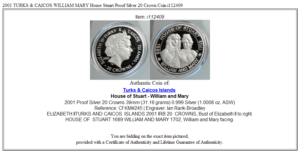 2001 TURKS & CAICOS WILLIAM MARY House Stuart Proof Silver 20 Crown Coin i112409