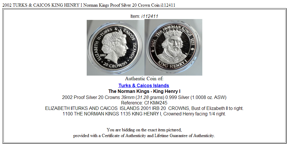 2002 TURKS & CAICOS KING HENRY I Norman Kings Proof Silver 20 Crown Coin i112411