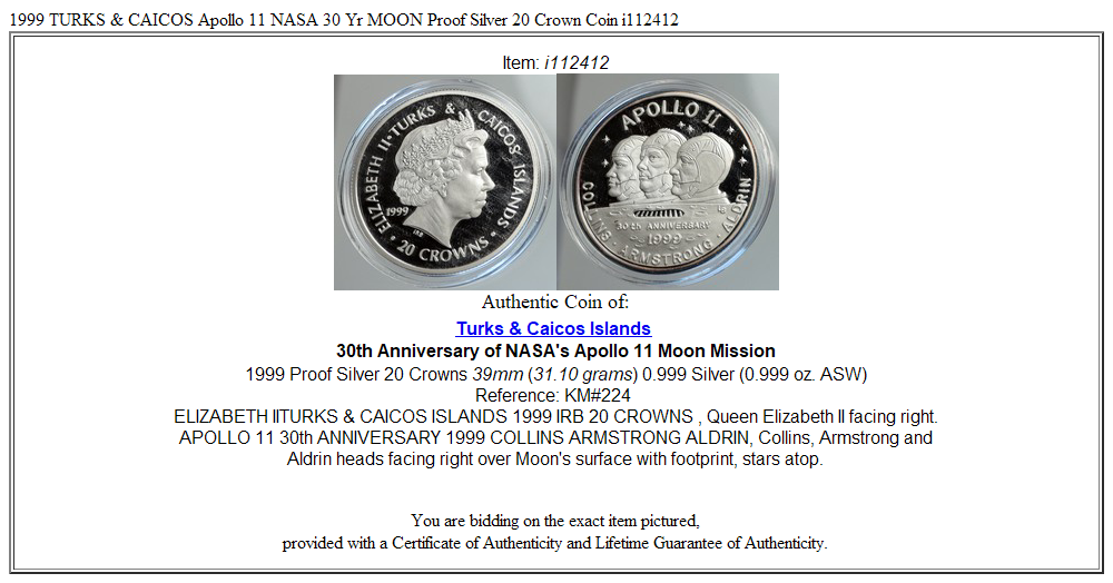 1999 TURKS & CAICOS Apollo 11 NASA 30 Yr MOON Proof Silver 20 Crown Coin i112412