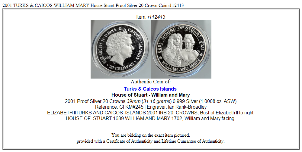 2001 TURKS & CAICOS WILLIAM MARY House Stuart Proof Silver 20 Crown Coin i112413