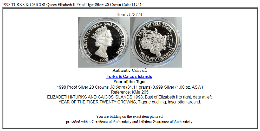 1998 TURKS & CAICOS Queen Elizabeth II Yr of Tiger Silver 20 Crown Coin i112414