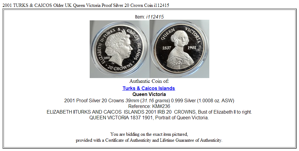 2001 TURKS & CAICOS Older UK Queen Victoria Proof Silver 20 Crown Coin i112415