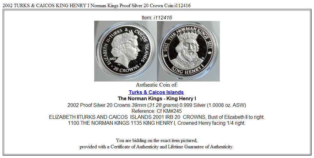 2002 TURKS & CAICOS KING HENRY I Norman Kings Proof Silver 20 Crown Coin i112416