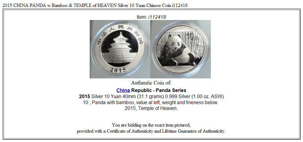 2015 CHINA PANDA w Bamboo & TEMPLE of HEAVEN Silver 10 Yuan Chinese Coin i112418
