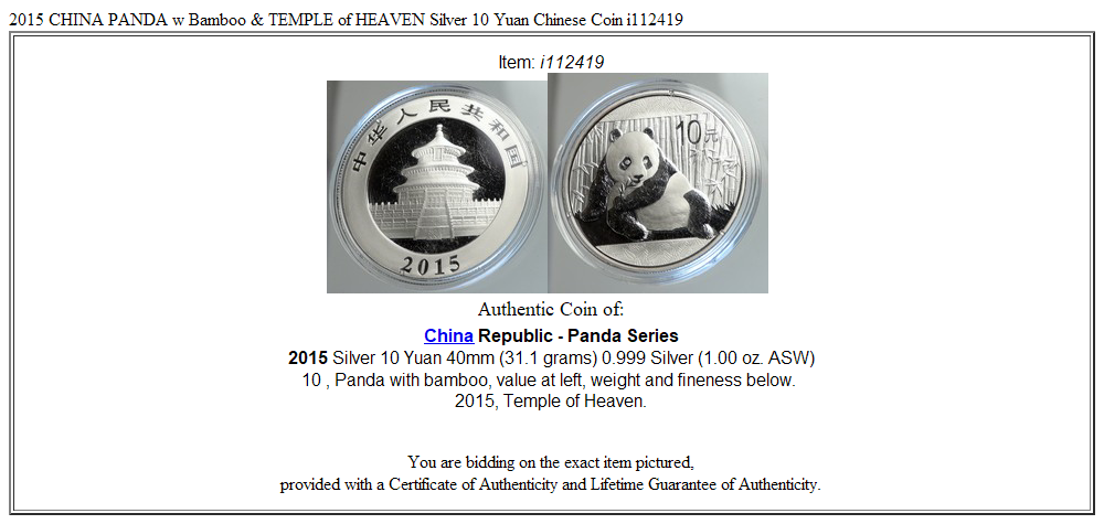 2015 CHINA PANDA w Bamboo & TEMPLE of HEAVEN Silver 10 Yuan Chinese Coin i112419