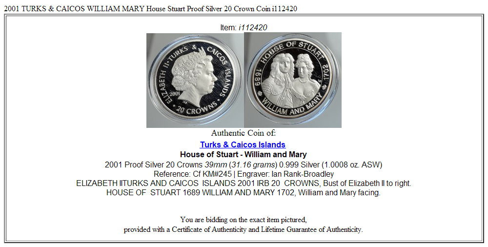 2001 TURKS & CAICOS WILLIAM MARY House Stuart Proof Silver 20 Crown Coin i112420