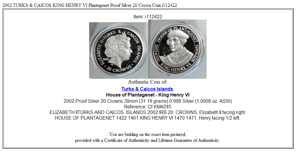 2002 TURKS & CAICOS KING HENRY VI Plantagenet Proof Silver 20 Crown Coin i112422