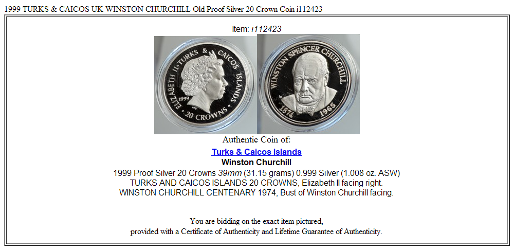 1999 TURKS & CAICOS UK WINSTON CHURCHILL Old Proof Silver 20 Crown Coin i112423