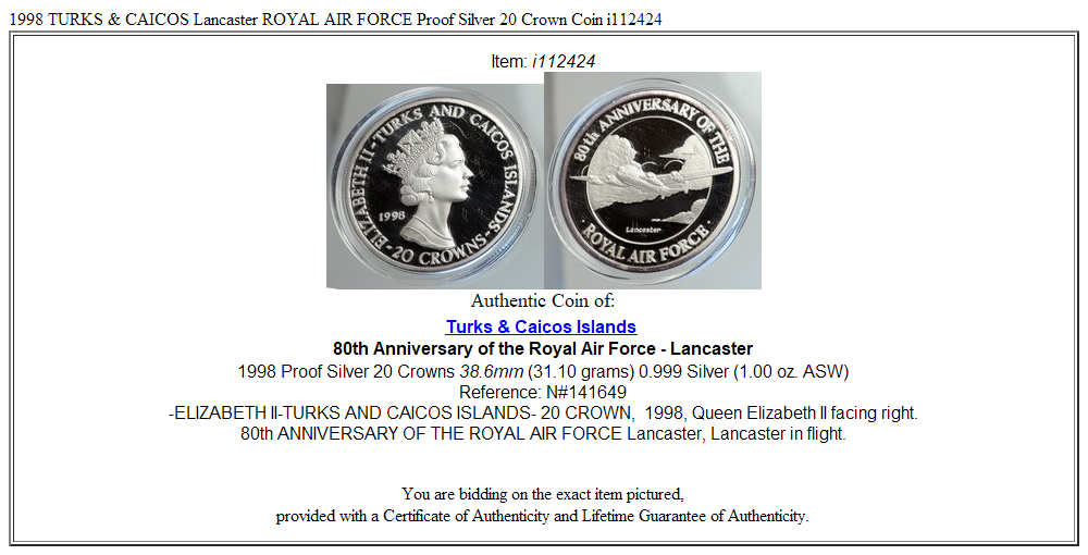 1998 TURKS & CAICOS Lancaster ROYAL AIR FORCE Proof Silver 20 Crown Coin i112424
