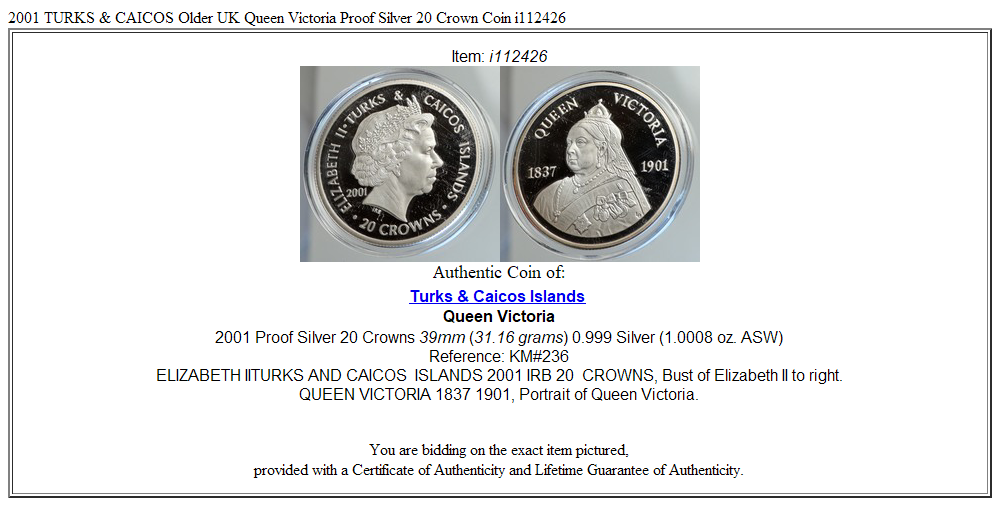 2001 TURKS & CAICOS Older UK Queen Victoria Proof Silver 20 Crown Coin i112426