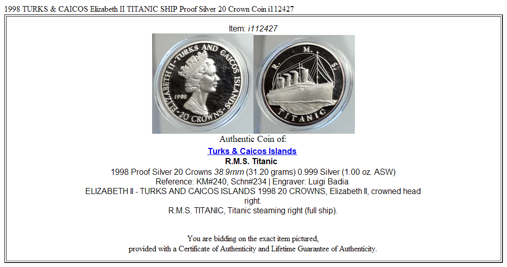 1998 TURKS & CAICOS Elizabeth II TITANIC SHIP Proof Silver 20 Crown Coin i112427