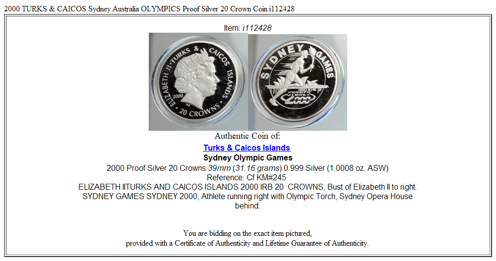 2000 TURKS & CAICOS Sydney Australia OLYMPICS Proof Silver 20 Crown Coin i112428