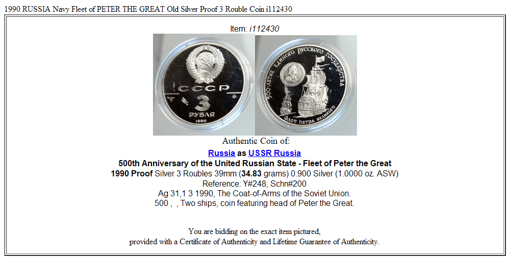 1990 RUSSIA Navy Fleet of PETER THE GREAT Old Silver Proof 3 Rouble Coin i112430