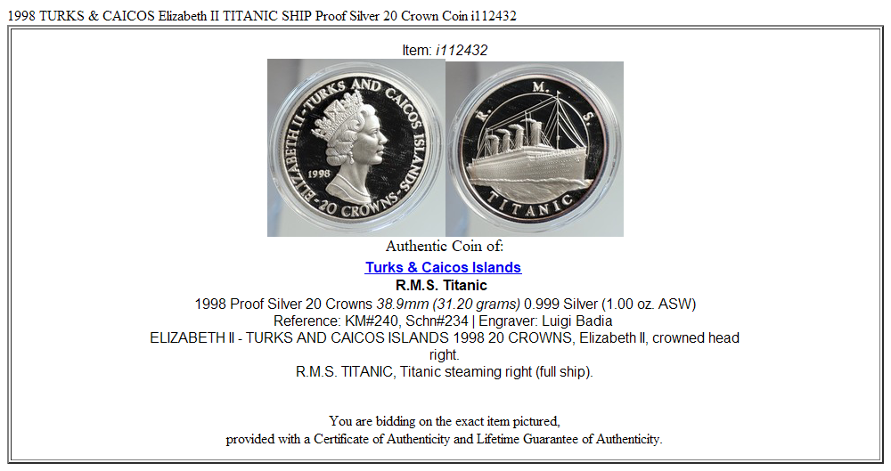 1998 TURKS & CAICOS Elizabeth II TITANIC SHIP Proof Silver 20 Crown Coin i112432