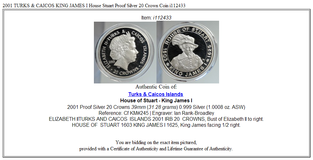 2001 TURKS & CAICOS KING JAMES I House Stuart Proof Silver 20 Crown Coin i112433