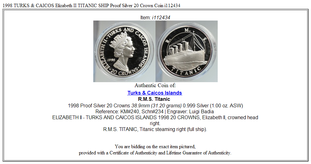 1998 TURKS & CAICOS Elizabeth II TITANIC SHIP Proof Silver 20 Crown Coin i112434