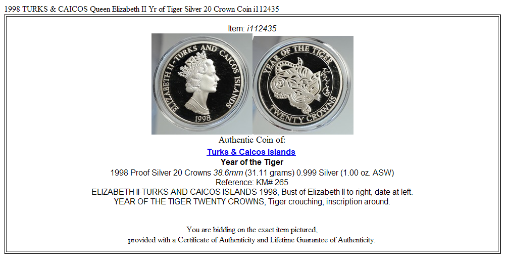 1998 TURKS & CAICOS Queen Elizabeth II Yr of Tiger Silver 20 Crown Coin i112435