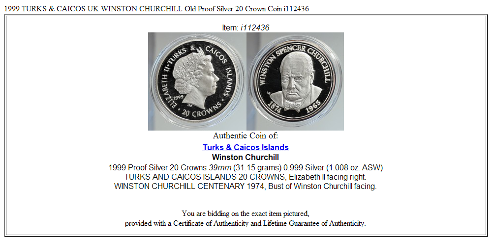 1999 TURKS & CAICOS UK WINSTON CHURCHILL Old Proof Silver 20 Crown Coin i112436