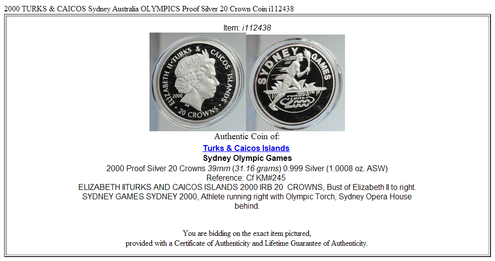 2000 TURKS & CAICOS Sydney Australia OLYMPICS Proof Silver 20 Crown Coin i112438