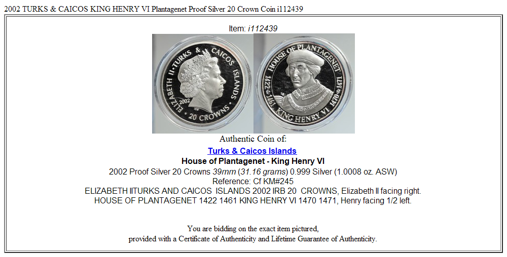 2002 TURKS & CAICOS KING HENRY VI Plantagenet Proof Silver 20 Crown Coin i112439