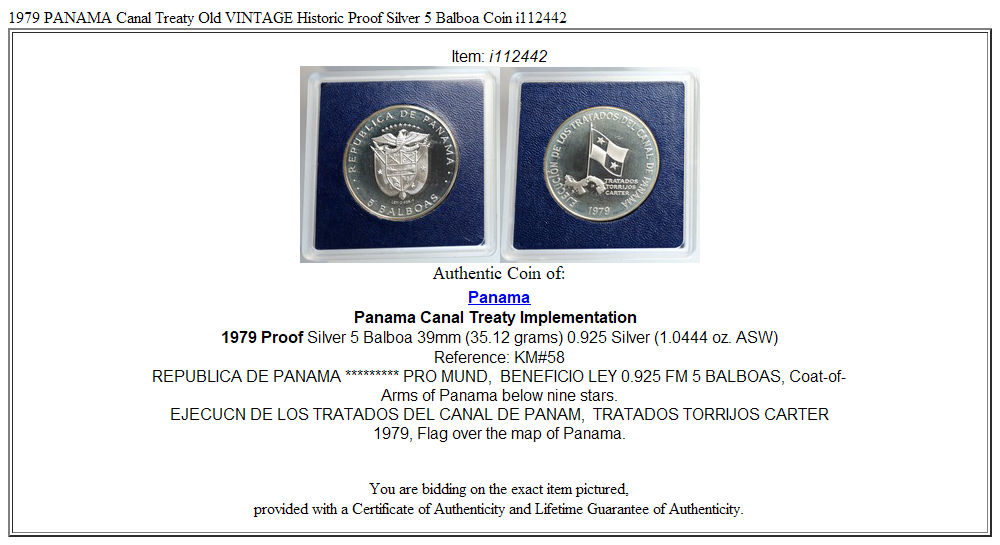 1979 PANAMA Canal Treaty Old VINTAGE Historic Proof Silver 5 Balboa Coin i112442