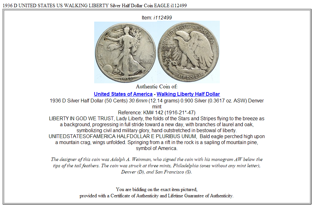 1936 D UNITED STATES US WALKING LIBERTY Silver Half Dollar Coin EAGLE i112499