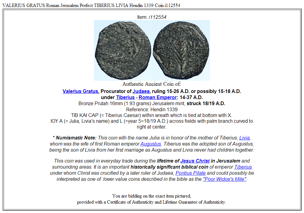 VALERIUS GRATUS Roman Jerusalem Prefect TIBERIUS LIVIA Hendin 1339 Coin i112554