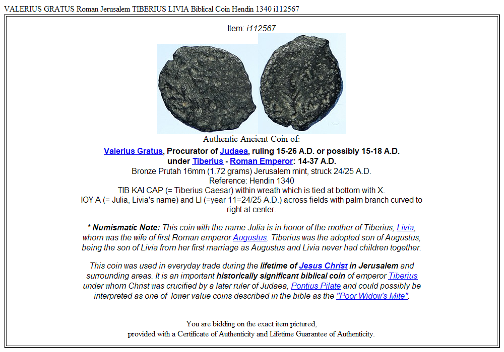 VALERIUS GRATUS Roman Jerusalem TIBERIUS LIVIA Biblical Coin Hendin 1340 i112567