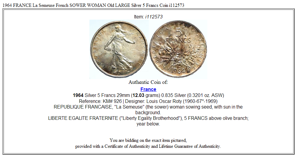 1964 FRANCE La Semeuse French SOWER WOMAN Old LARGE Silver 5 Francs Coin i112573