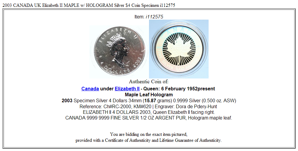 2003 CANADA UK Elizabeth II MAPLE w/ HOLOGRAM Silver $4 Coin Specimen i112575