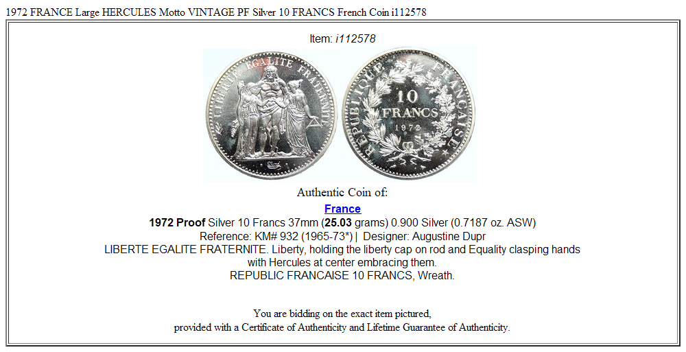 1972 FRANCE Large HERCULES Motto VINTAGE PF Silver 10 FRANCS French Coin i112578