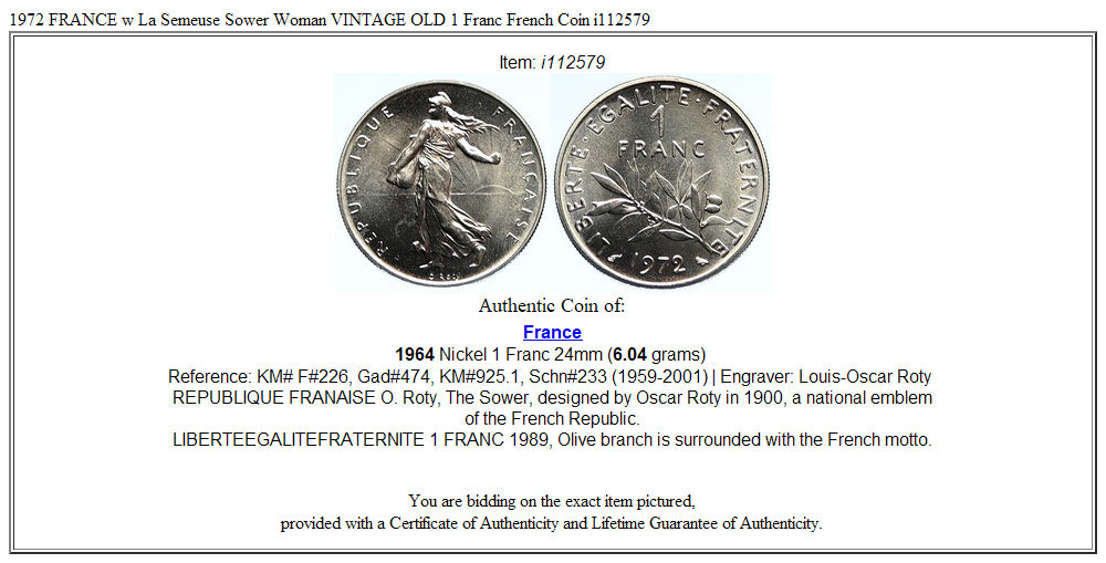 1972 FRANCE w La Semeuse Sower Woman VINTAGE OLD 1 Franc French Coin i112579