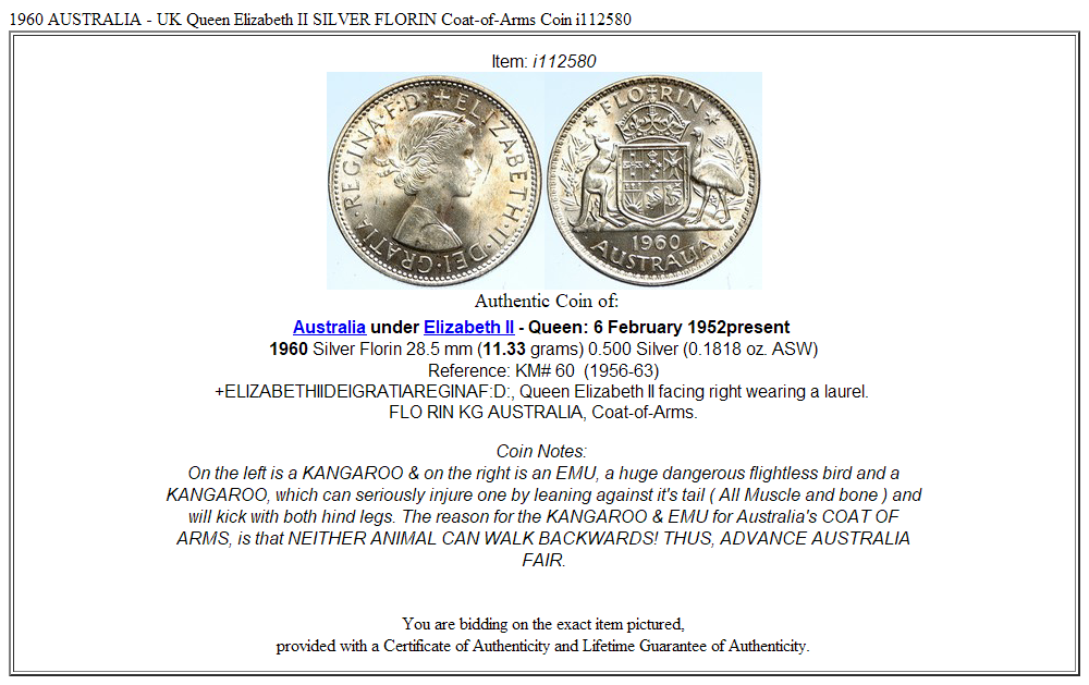 1960 AUSTRALIA - UK Queen Elizabeth II SILVER FLORIN Coat-of-Arms Coin i112580