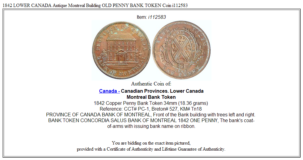 1842 LOWER CANADA Antique Montreal Building OLD PENNY BANK TOKEN Coin i112583