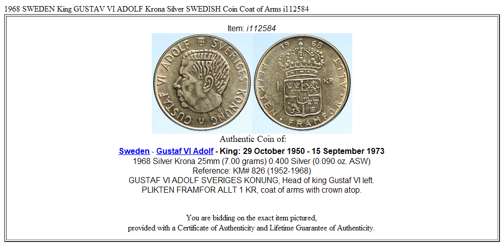 1968 SWEDEN King GUSTAV VI ADOLF Krona Silver SWEDISH Coin Coat of Arms i112584