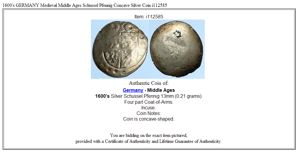 1600's GERMANY Medieval Middle Ages Schussel Pfennig Concave Silver Coin i112585