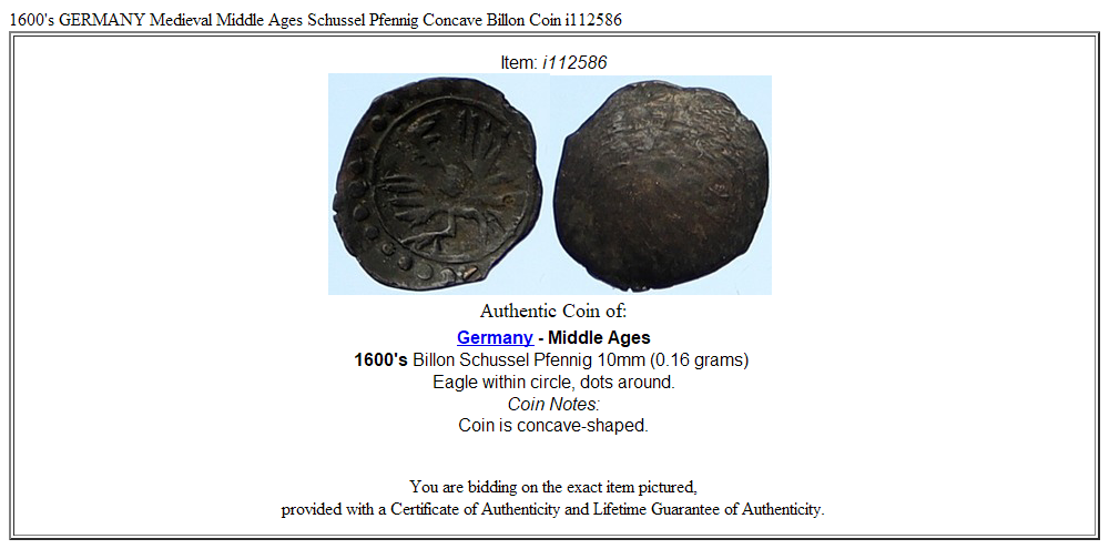 1600's GERMANY Medieval Middle Ages Schussel Pfennig Concave Billon Coin i112586