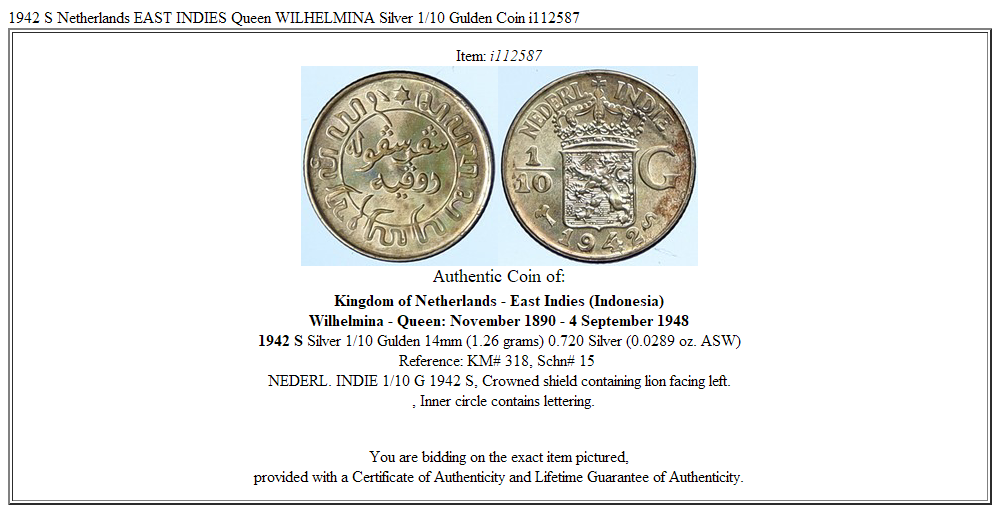 1942 S Netherlands EAST INDIES Queen WILHELMINA Silver 1/10 Gulden Coin i112587