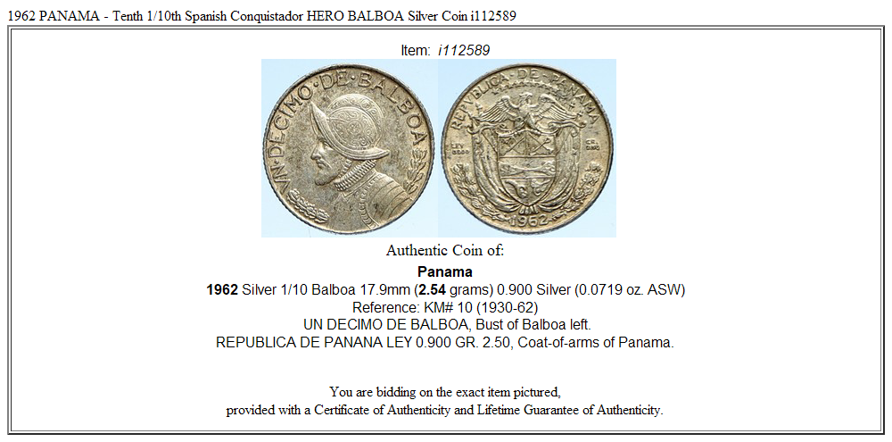 1962 PANAMA - Tenth 1/10th Spanish Conquistador HERO BALBOA Silver Coin i112589