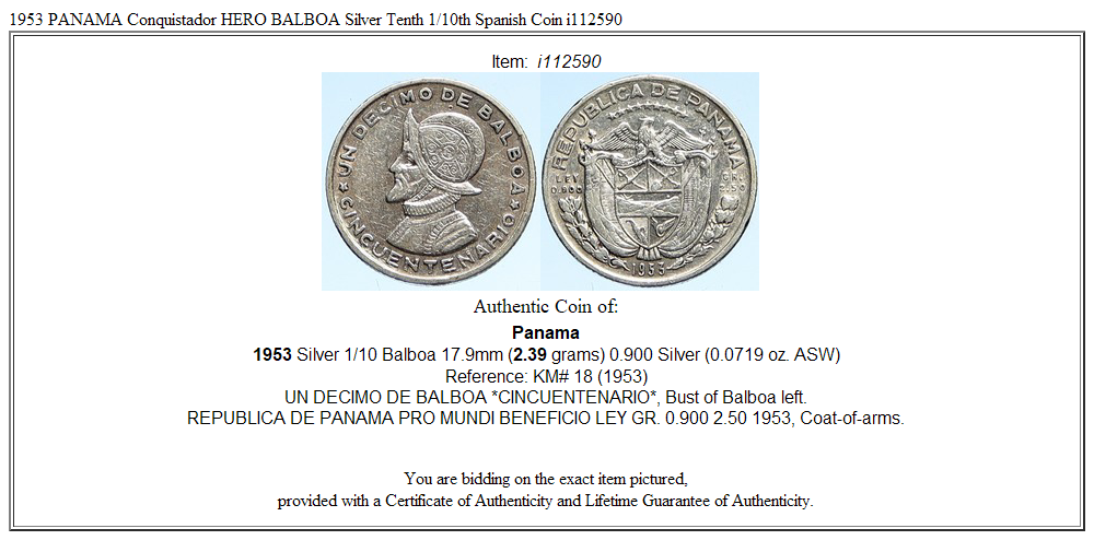 1953 PANAMA Conquistador HERO BALBOA Silver Tenth 1/10th Spanish Coin i112590