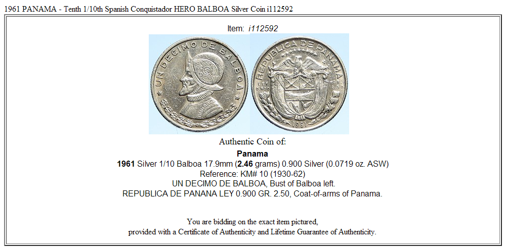 1961 PANAMA - Tenth 1/10th Spanish Conquistador HERO BALBOA Silver Coin i112592