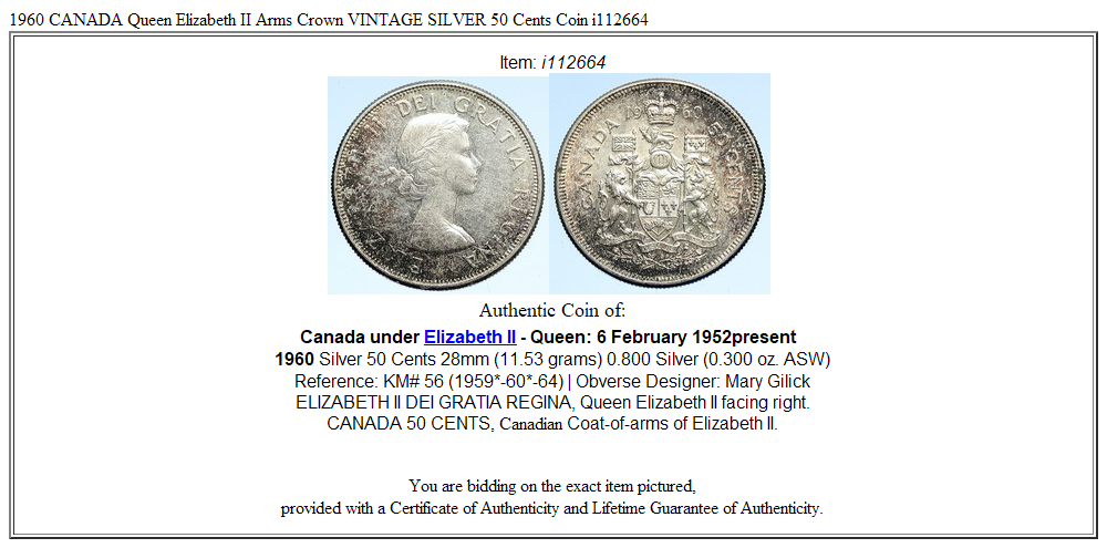 1960 CANADA Queen Elizabeth II Arms Crown VINTAGE SILVER 50 Cents Coin i112664