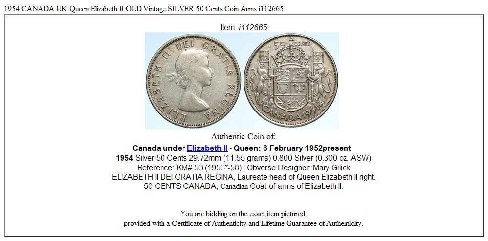 1954 CANADA UK Queen Elizabeth II OLD Vintage SILVER 50 Cents Coin Arms i112665