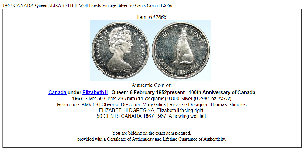 1967 CANADA Queen ELIZABETH II Wolf Howls Vintage Silver 50 Cents Coin i112666