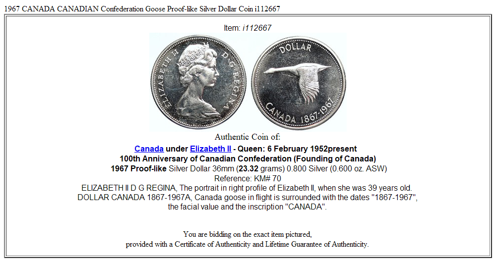 1967 CANADA CANADIAN Confederation Goose Proof-like Silver Dollar Coin i112667