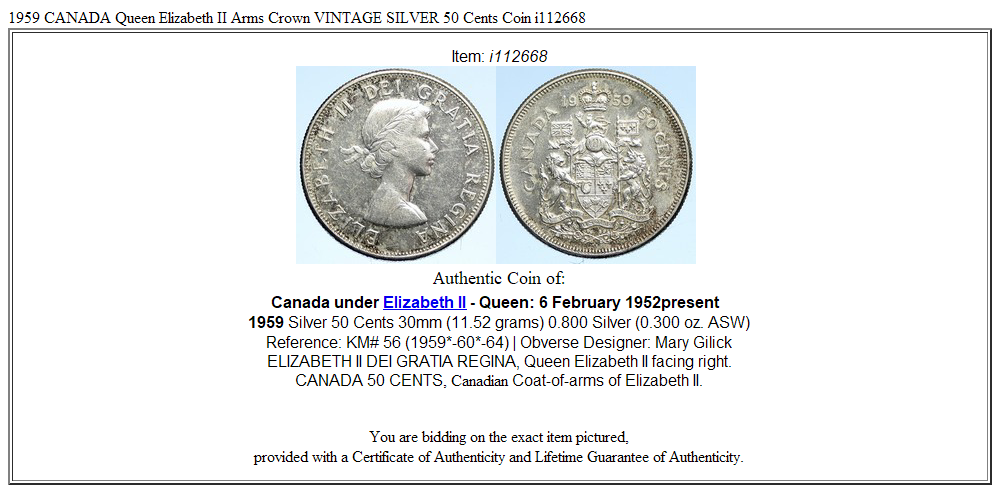 1959 CANADA Queen Elizabeth II Arms Crown VINTAGE SILVER 50 Cents Coin i112668