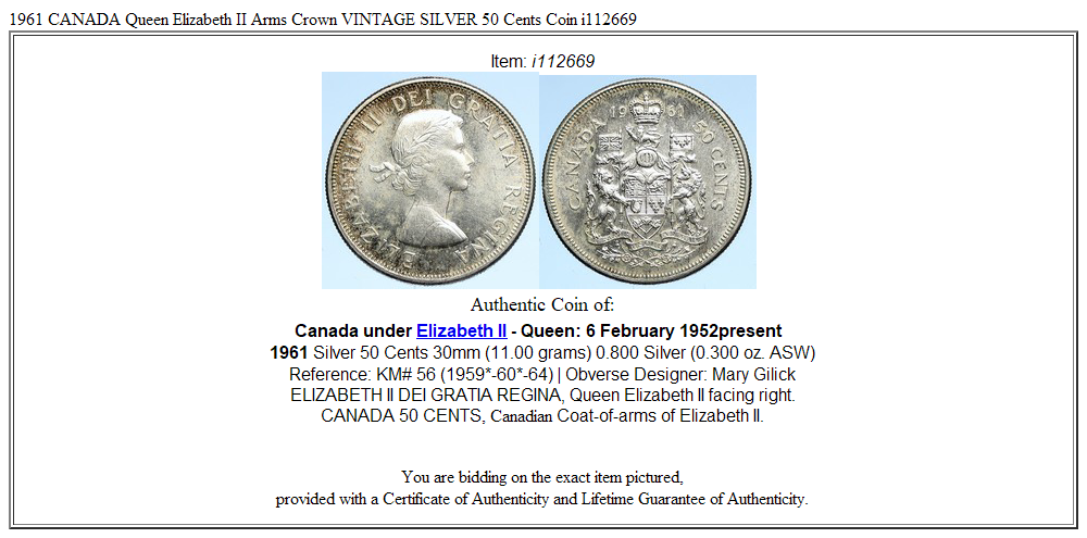 1961 CANADA Queen Elizabeth II Arms Crown VINTAGE SILVER 50 Cents Coin i112669